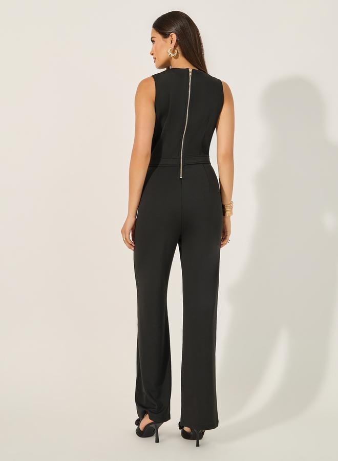 double breasted look tailored wide leg fit jumpsuit in stretchy knit fabric and gold coat buttons