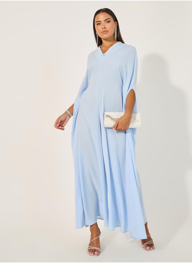 Embellished V Neck Wide Leg Cape Jumpsuit