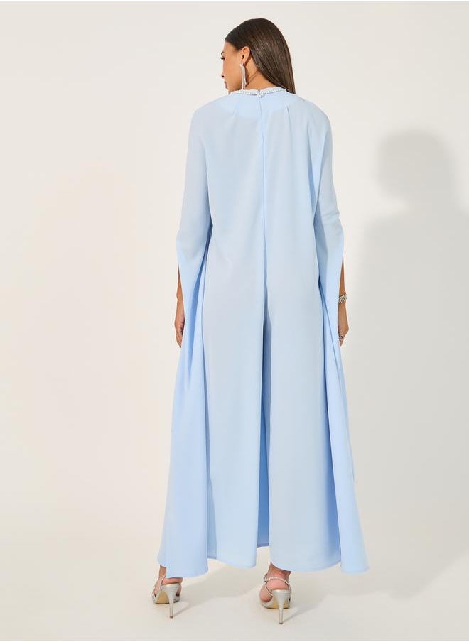 Embellished V Neck Wide Leg Cape Jumpsuit