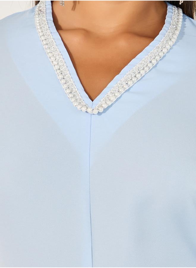 Embellished V Neck Wide Leg Cape Jumpsuit