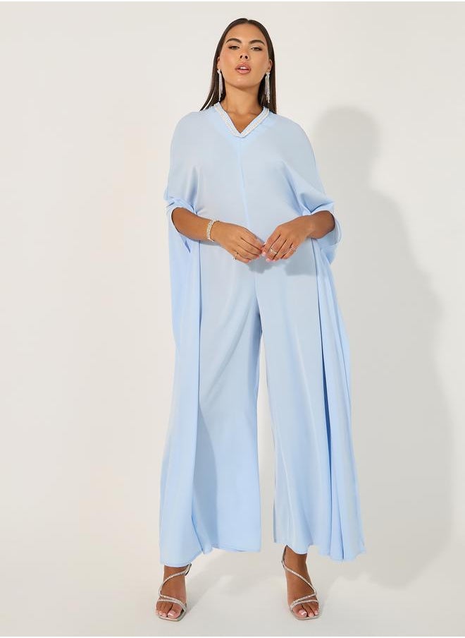 Embellished V Neck Wide Leg Cape Jumpsuit