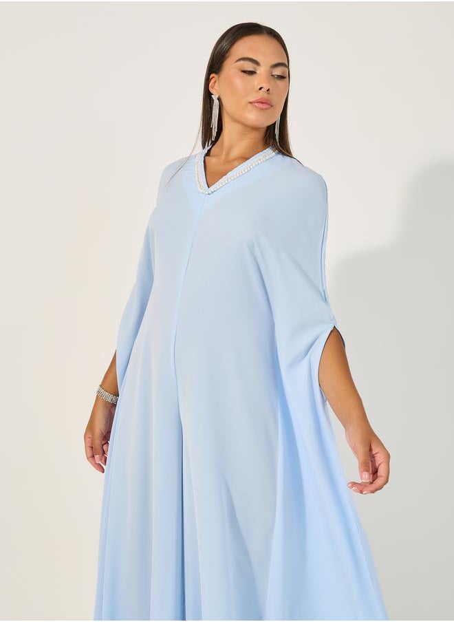 Embellished V Neck Wide Leg Cape Jumpsuit