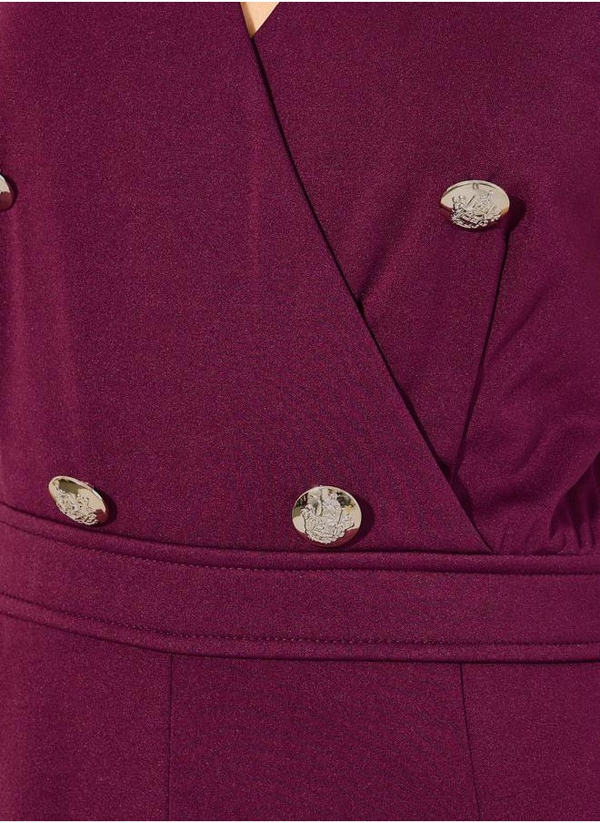 double breasted look tailored wide leg fit jumpsuit in stretchy knit fabric and gold coat buttons