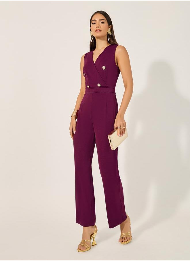double breasted look tailored wide leg fit jumpsuit in stretchy knit fabric and gold coat buttons