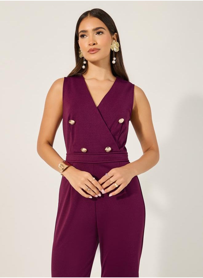 double breasted look tailored wide leg fit jumpsuit in stretchy knit fabric and gold coat buttons