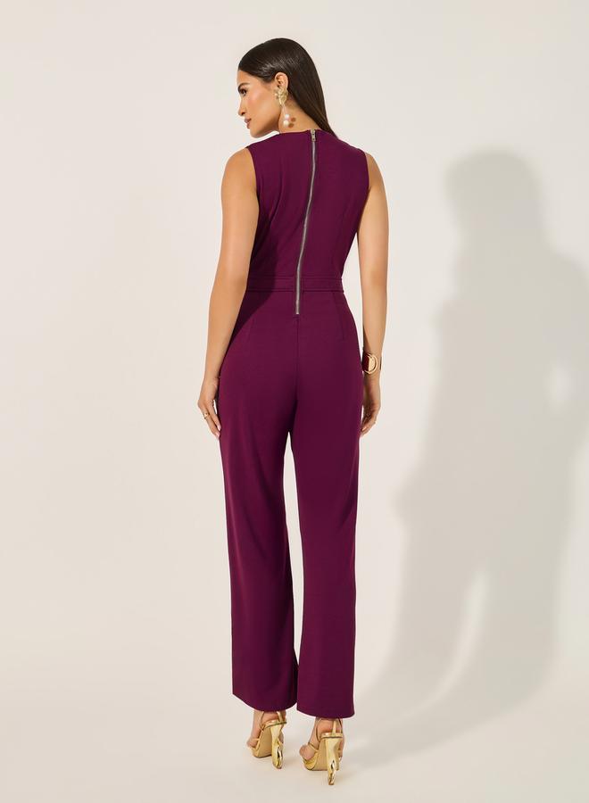 double breasted look tailored wide leg fit jumpsuit in stretchy knit fabric and gold coat buttons