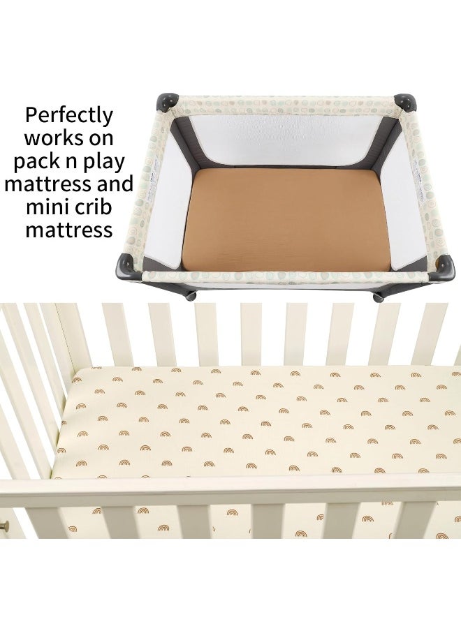 Onacosht Muslin Pack n Play Sheets Soft Breathable 100% Cotton Mini Crib Fitted Sheets Portable/Convertible Playard Mattress Cover 2 Pack for Baby Boy and Girl, Natural and Rainbow