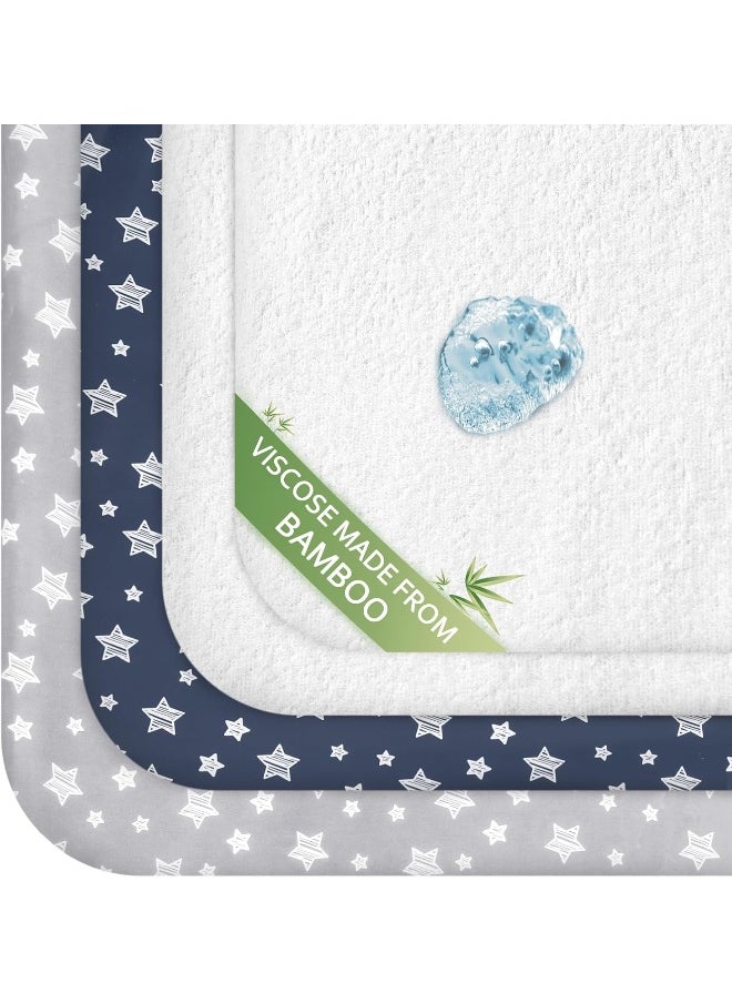Moonsea Pack and Play Sheets & Waterproof Terry Pack N Play Mattress Protector Pad Cover 4 Pack, Viscose Made from Bamboo Pack N Play Sheets Set, Grey & Navy