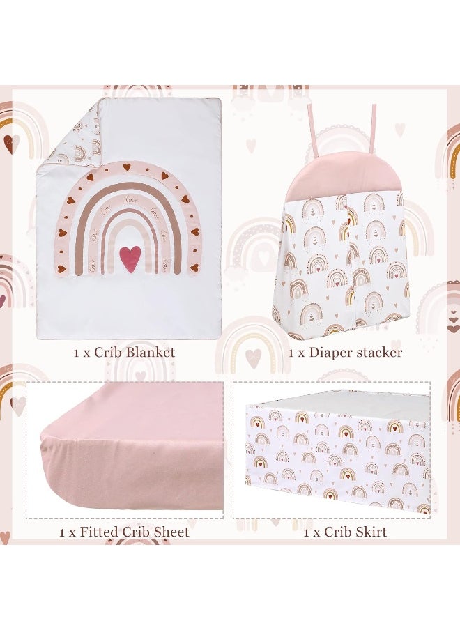 Rtteri 4 Pieces Baby Crib Bedding Set, Nursery Bedding Standard Size Soft Baby Bedding Set Including Crib Skirt, Blanket, Sheet and Diaper Stacker for Girls and Boys(Boho)