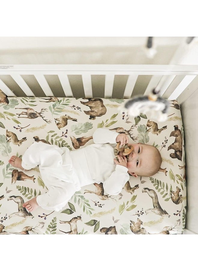 Pobibaby - Premium Single Fitted Baby Boy Crib Sheets for Standard Crib Mattress - Ultra-Soft Cotton Blend, Safe and Snug, and Stylish Woodland Crib Sheet (Wildlife Animal)