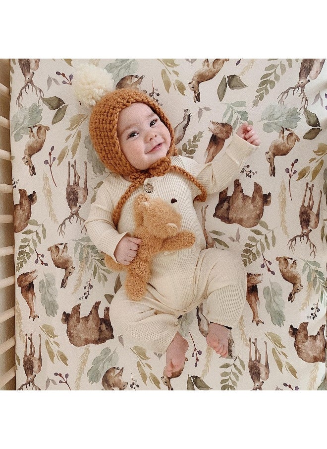 Pobibaby - Premium Single Fitted Baby Boy Crib Sheets for Standard Crib Mattress - Ultra-Soft Cotton Blend, Safe and Snug, and Stylish Woodland Crib Sheet (Wildlife Animal)