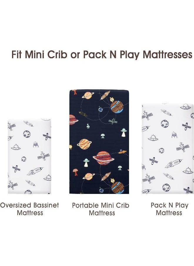 PHF Soft Mini Crib Sheet Set, 2 Pack Silky Comfy Pack N Play Sheets for Boys Girls, Universal Fit for Pack N Play, Playard and Mini Crib Mattresses, Space