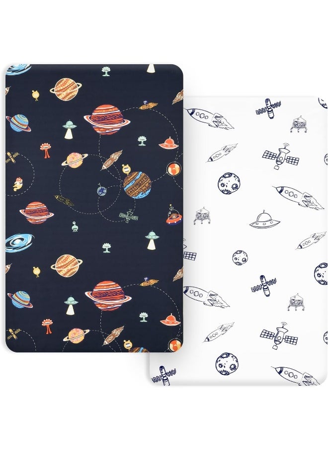 PHF Soft Mini Crib Sheet Set, 2 Pack Silky Comfy Pack N Play Sheets for Boys Girls, Universal Fit for Pack N Play, Playard and Mini Crib Mattresses, Space