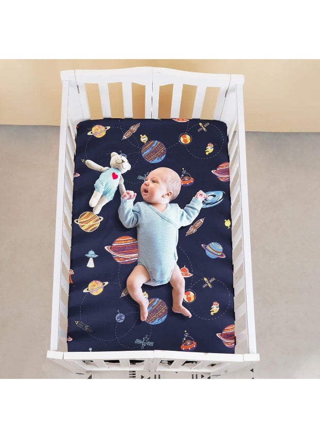 PHF Soft Mini Crib Sheet Set, 2 Pack Silky Comfy Pack N Play Sheets for Boys Girls, Universal Fit for Pack N Play, Playard and Mini Crib Mattresses, Space