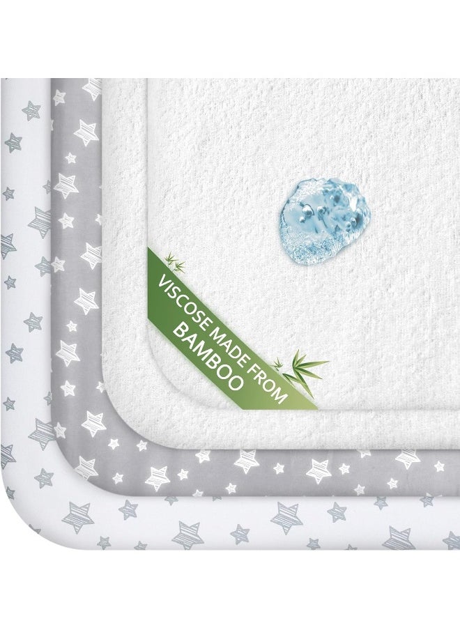 Moonsea Pack and Play Sheets/Mini Crib Sheets & Waterproof Bamboo Pack N Play Mattress Pad Protector 4 Pack Set, Grey & White