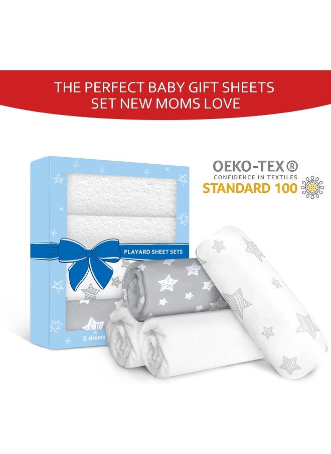 Moonsea Pack and Play Sheets/Mini Crib Sheets & Waterproof Bamboo Pack N Play Mattress Pad Protector 4 Pack Set, Grey & White