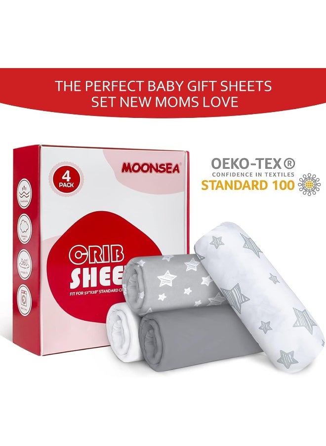 Moonsea Crib Sheets for Boys or Girls 4 Pack, Fitted Crib Sheet for Standard Size Crib and Toddler Mattresses, Soft and Breathable Crib Sheets Baby Gift Boy Set, White