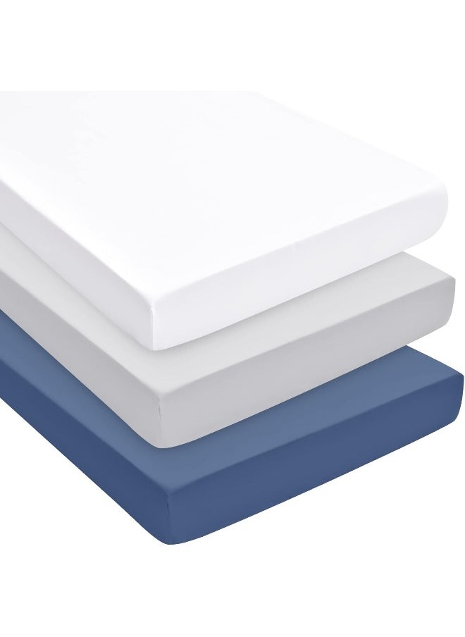 David's Kids 3 Pack Mini Crib Sheets, Ultra Soft Silky Comfy Pack N Play Sheets for Boys Girls Neutral，Universal Fit for Pack N Play, Playard and Mini Crib Mattresses, White & Light Grey & Navy Blue