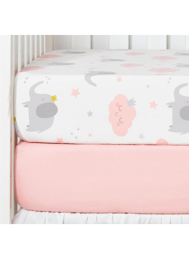 TILLYOU 2 Pack Fitted Crib Sheet Set - 100% Natural Cotton Toddler Bed Mattress Sheets, Standard 28”x 52”, Elephants Clouds & Pink