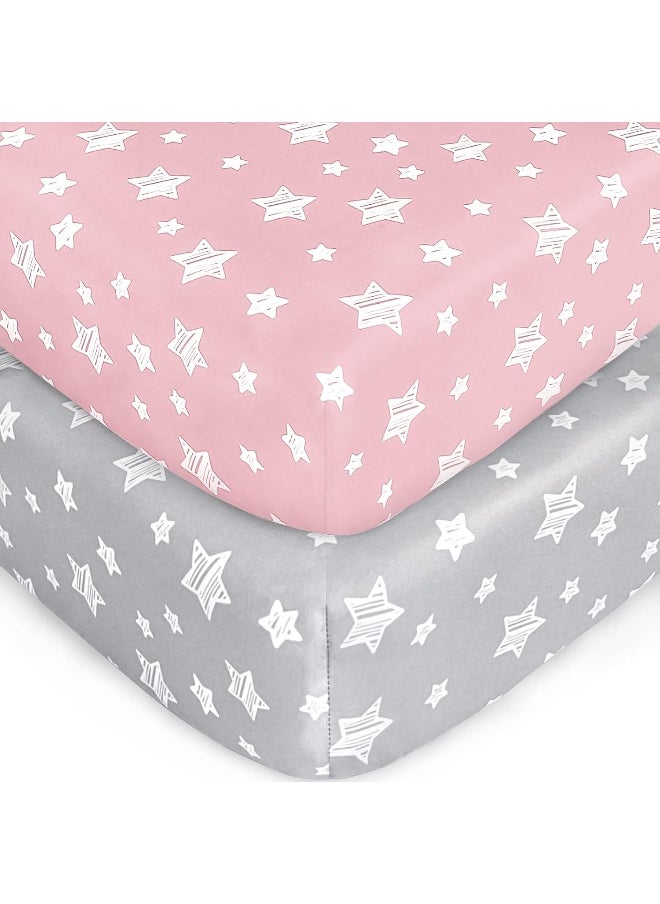 Moonsea Crib Sheets for Girls 2 Pack, Fitted Crib Sheet for Standard Size Crib and Toddler Mattresses, Soft and Breathable Material, Grey & Pink