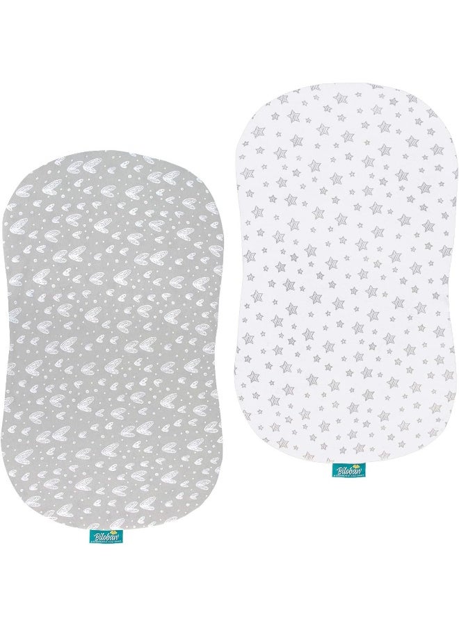 Bassinet Sheets Compatible with Halo Bassinest Swivel, Flex, Glide, Premiere & Luxe Series Sleeper, 2 Pack, 100% Jersey Knit Cotton Sheets, Breathable and Heavenly Soft, Grey and White Print for Baby