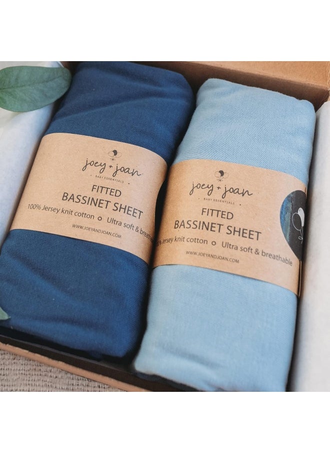 Joey + Joan Bedside Sleeper Bassinet Fitted Sheets 33x20 for Maxi COSI Iora, Koola Baby, Baby Joy, Angelbliss, Kidsclub Bedside Bassinet – 100% Jersey Cotton – Dusty Blue Navy – 2 Pack