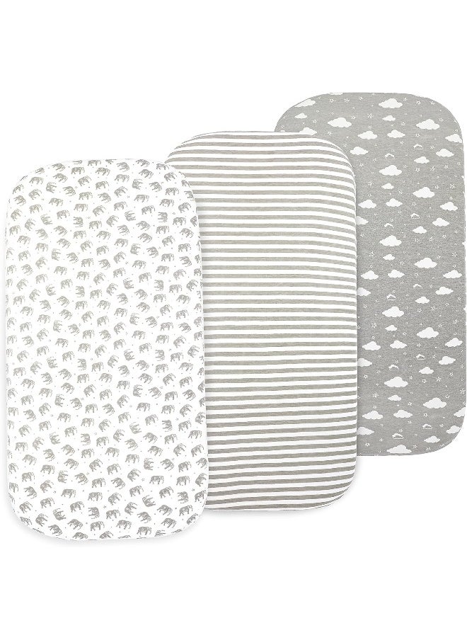 Bublo Baby Bassinet Sheet Set for Boy and Girl, 3 Pack, Universal Fitted for Oval, Hourglass & Rectangle Bassinet Mattress, Fitted Sheets Size 32 x 16 x 4 Inches, Grey
