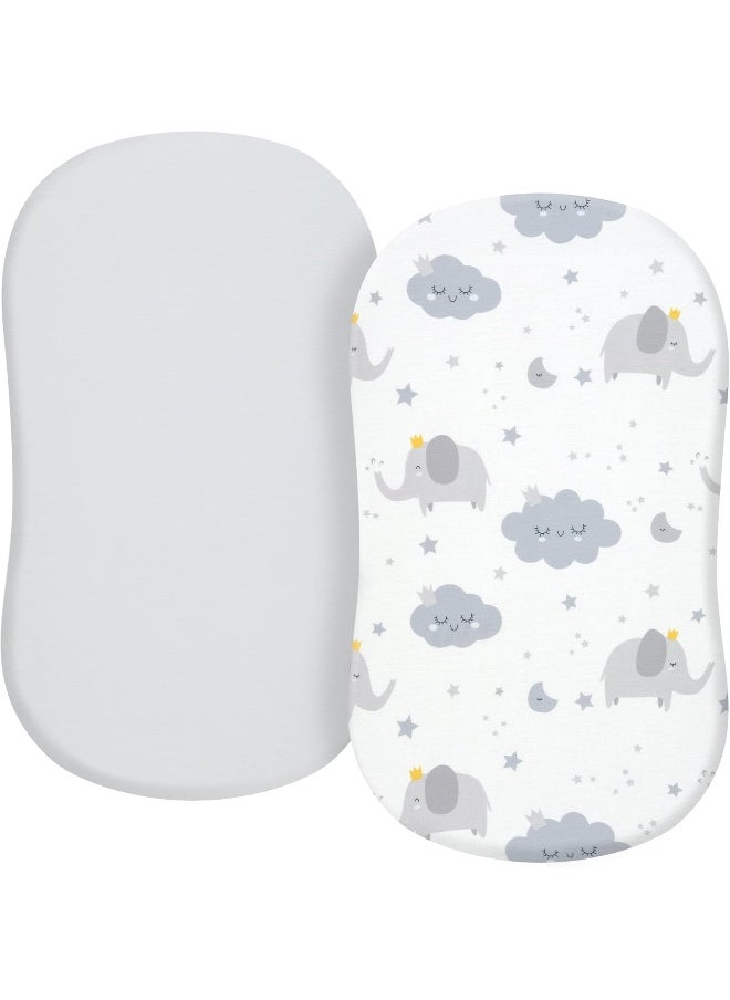 TILLYOU Baby Bassinet Sheets for Girls Boys, Fit for Hourglass Oval Rectangle Bassinet Mattress Sheets, 33”X16”, 2 Pack Elephant & Cloud Gray