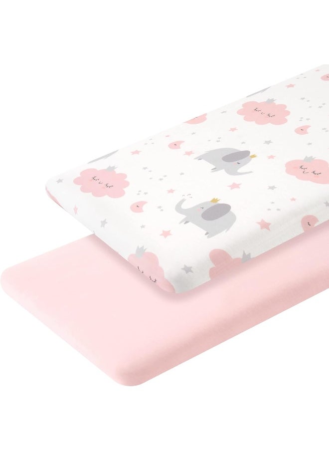TILLYOU Baby Bassinet Sheets for Girls Boys, Fit for Hourglass Oval Rectangle Bassinet Mattress Sheets, 33”X16”, 2 Pack Elephant & Cloud Pink