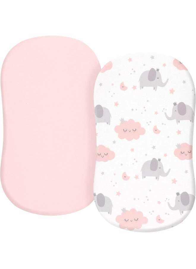 TILLYOU Baby Bassinet Sheets for Girls Boys, Fit for Hourglass Oval Rectangle Bassinet Mattress Sheets, 33”X16”, 2 Pack Elephant & Cloud Pink