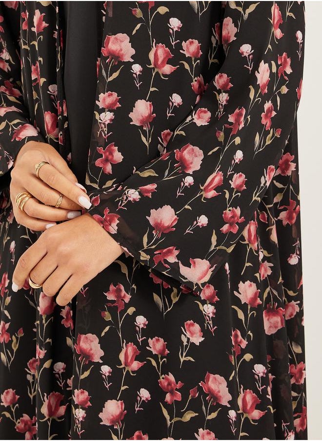 floral print abaya with inner solid inner dress modest set