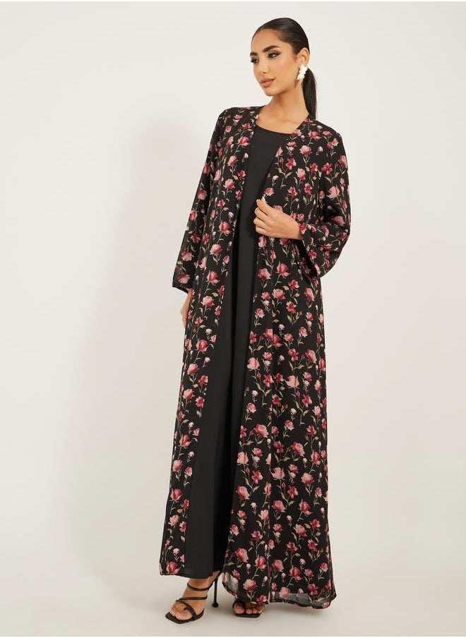 floral print abaya with inner solid inner dress modest set