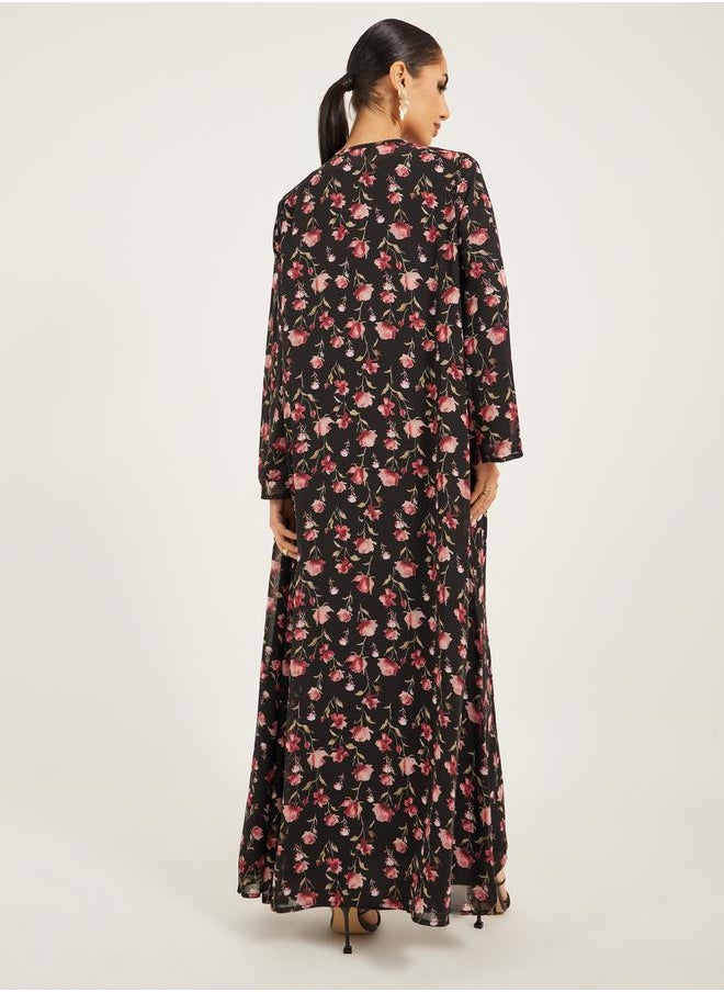 floral print abaya with inner solid inner dress modest set