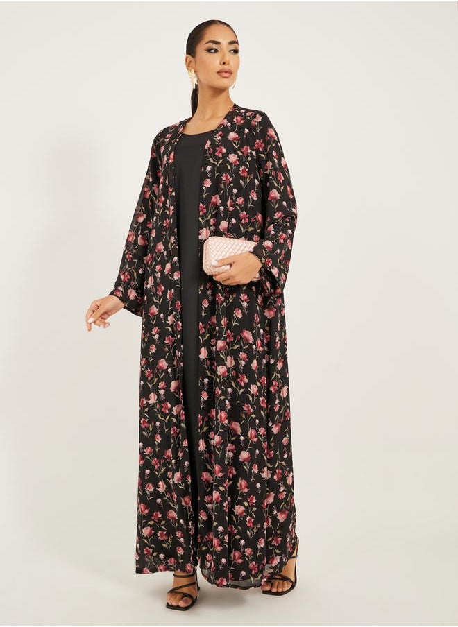 floral print abaya with inner solid inner dress modest set