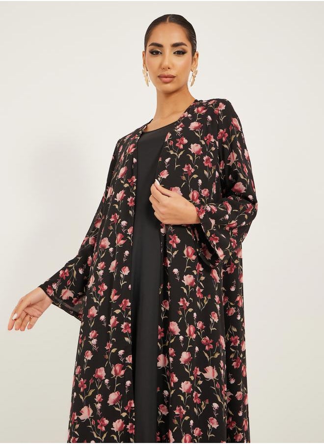 floral print abaya with inner solid inner dress modest set