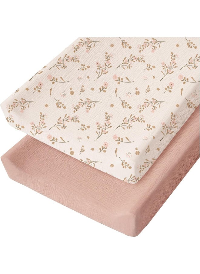 Konssy Muslin Changing Pad Cover for Baby Girls Boys, 100% Cotton Fitted Diaper Chang Table Covers, Soft Breathable Changing Pad Sheets, 2 Pack (Floral, Pink)