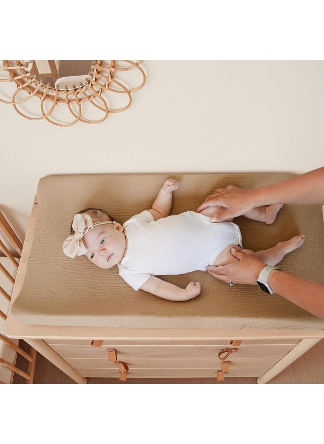 Konssy Muslin Changing Pad Cover for Baby Girls Boys, 100% Cotton Fitted Diaper Chang Table Covers, Soft Breathable Changing Pad Sheets, 2 Pack (Camel,Sun)