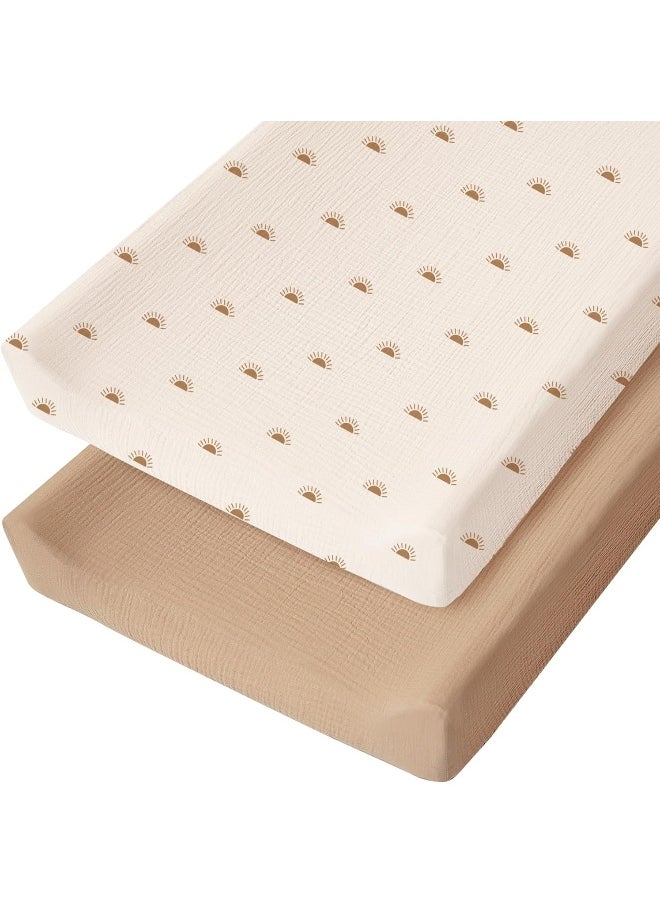 Konssy Muslin Changing Pad Cover for Baby Girls Boys, 100% Cotton Fitted Diaper Chang Table Covers, Soft Breathable Changing Pad Sheets, 2 Pack (Camel,Sun)