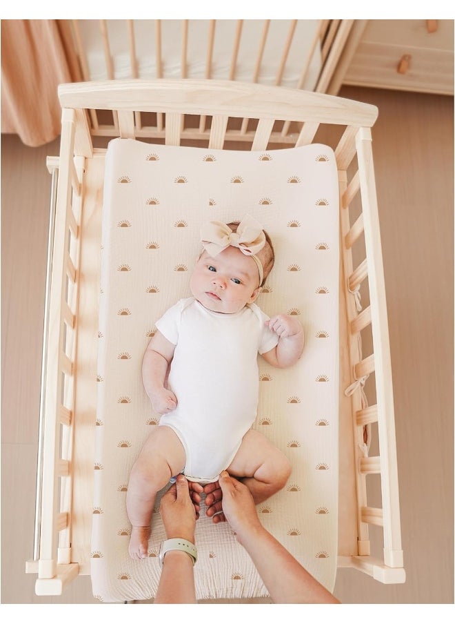 Konssy Muslin Changing Pad Cover for Baby Girls Boys, 100% Cotton Fitted Diaper Chang Table Covers, Soft Breathable Changing Pad Sheets, 2 Pack (Camel,Sun)