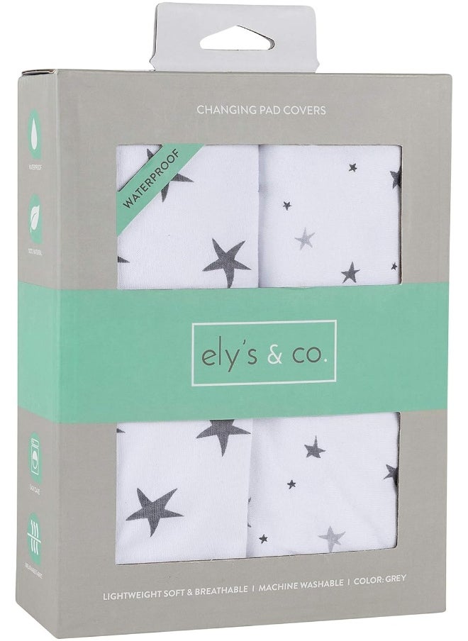 Ely’s & Co. Patent Pending Waterproof Changing Pad Cover|Cradle Sheet 2-Pack Set for Baby Boy - 100% Cotton, Jersey Knit Cotton Sheets with Waterproof Lining — Grey Stars