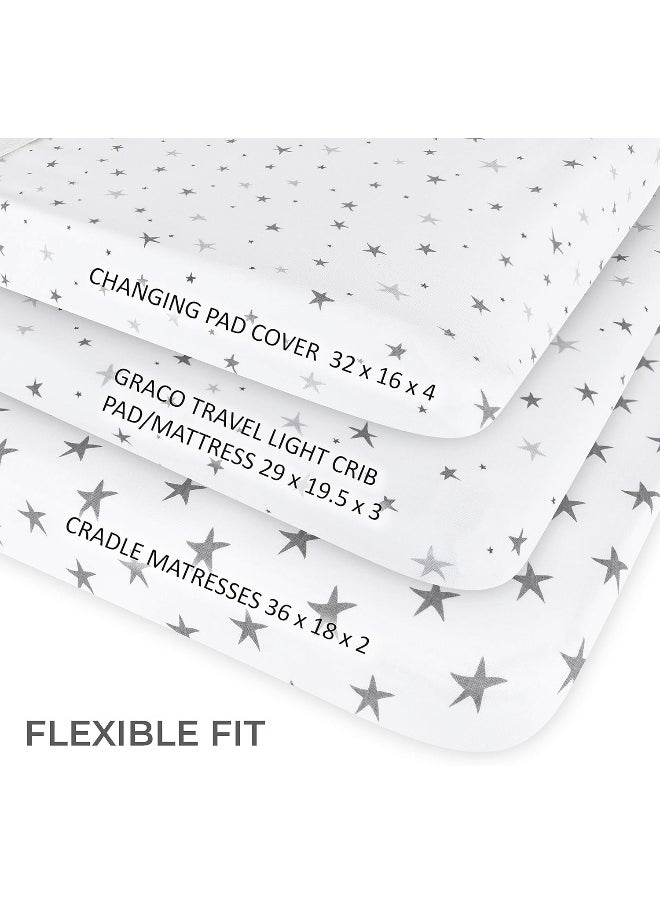 Ely’s & Co. Patent Pending Waterproof Changing Pad Cover|Cradle Sheet 2-Pack Set for Baby Boy - 100% Cotton, Jersey Knit Cotton Sheets with Waterproof Lining — Grey Stars