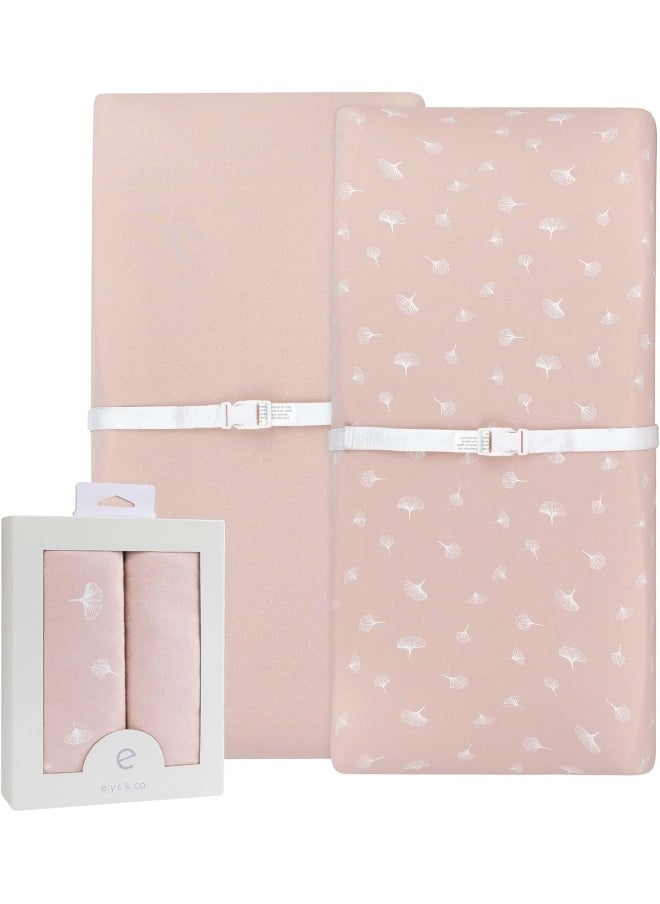Ely's & Co. Changing Pad Covers│Cradle Sheets 2-Pack — Combed, 100% Jersey Cotton for Baby Girl — Rosewater Pink, Pin Dots Gingko Leaves