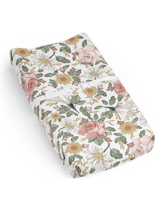 Sweet Jojo Designs Blush Pink Yellow Vintage Floral Boho Girl Baby Changing Pad Cover Sheet Infant Newborn Diaper Change Mat Cover Green White Bohemian Shabby Chic Farmhouse Leaf Rose Leaves Flower