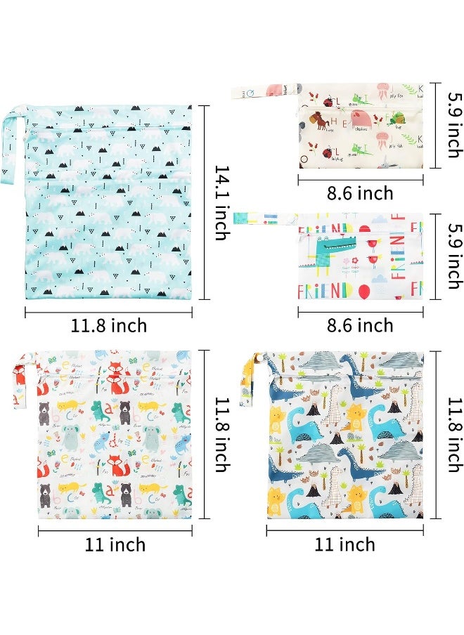 R HORSE 5 Pcs Waterproof Reusable Wet Bag Diaper Baby Cloth Diaper Wet Dry Bags with 2 Zippered Pockets Travel Beach Pool Bag with Polar Bear Dinosaur Animal Alphabet Crocodile Pattern (3 Sizes)