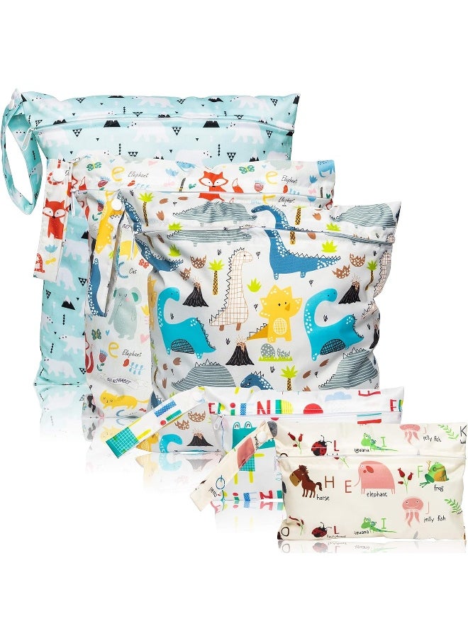 R HORSE 5 Pcs Waterproof Reusable Wet Bag Diaper Baby Cloth Diaper Wet Dry Bags with 2 Zippered Pockets Travel Beach Pool Bag with Polar Bear Dinosaur Animal Alphabet Crocodile Pattern (3 Sizes)