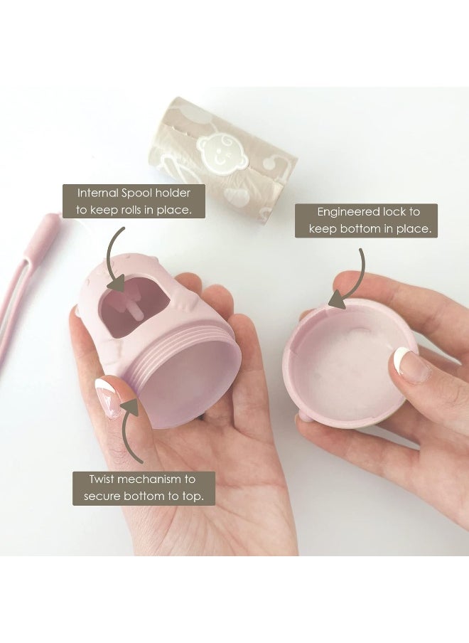 Moodie Teddy Bear Diaper Bag Dispenser | On-the-Go Dispenser With Silicon Strap | 15 Unscented Disposal Bags per Roll | Essential Items (Rosie Pink)