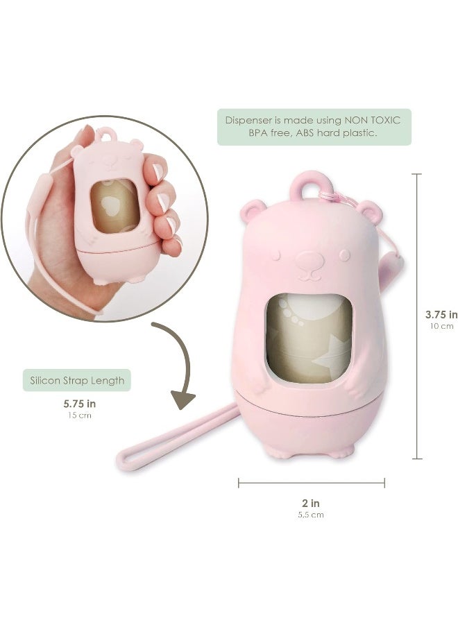 Moodie Teddy Bear Diaper Bag Dispenser | On-the-Go Dispenser With Silicon Strap | 15 Unscented Disposal Bags per Roll | Essential Items (Rosie Pink)