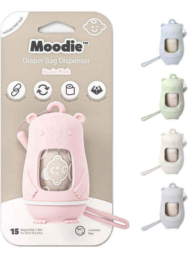 Moodie Teddy Bear Diaper Bag Dispenser | On-the-Go Dispenser With Silicon Strap | 15 Unscented Disposal Bags per Roll | Essential Items (Rosie Pink)