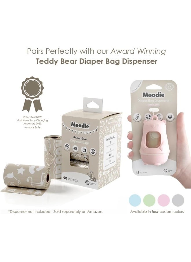 Moodie Teddy Bear Diaper Bag Dispenser | On-the-Go Dispenser With Silicon Strap | 15 Unscented Disposal Bags per Roll | Essential Items (Rosie Pink)