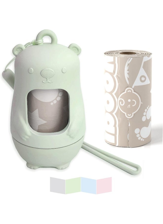 Moodie Teddy Bear Diaper Bag Dispenser | Diaper Bag on the Go Dispenser w/Silicon Strap | 15 LAVENDER SCENTED Diaper Disposal Bags per Roll | Diaper bag essential items (SAGE GREEN)